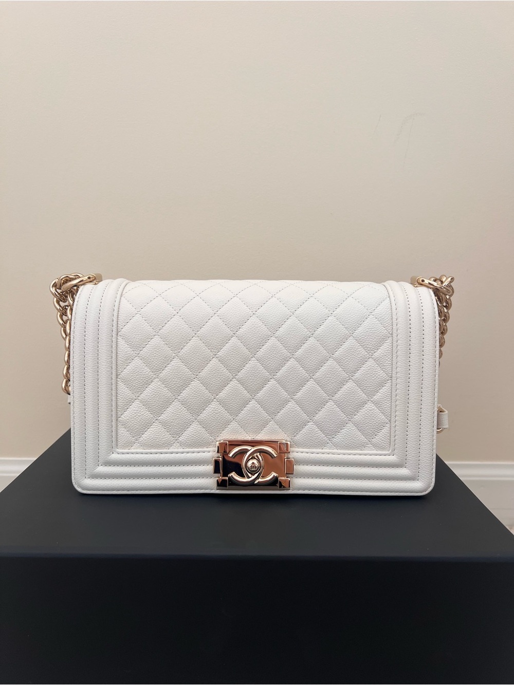 Chanel Caviar White Medium Boy Bag with Champagne Gold Hardware